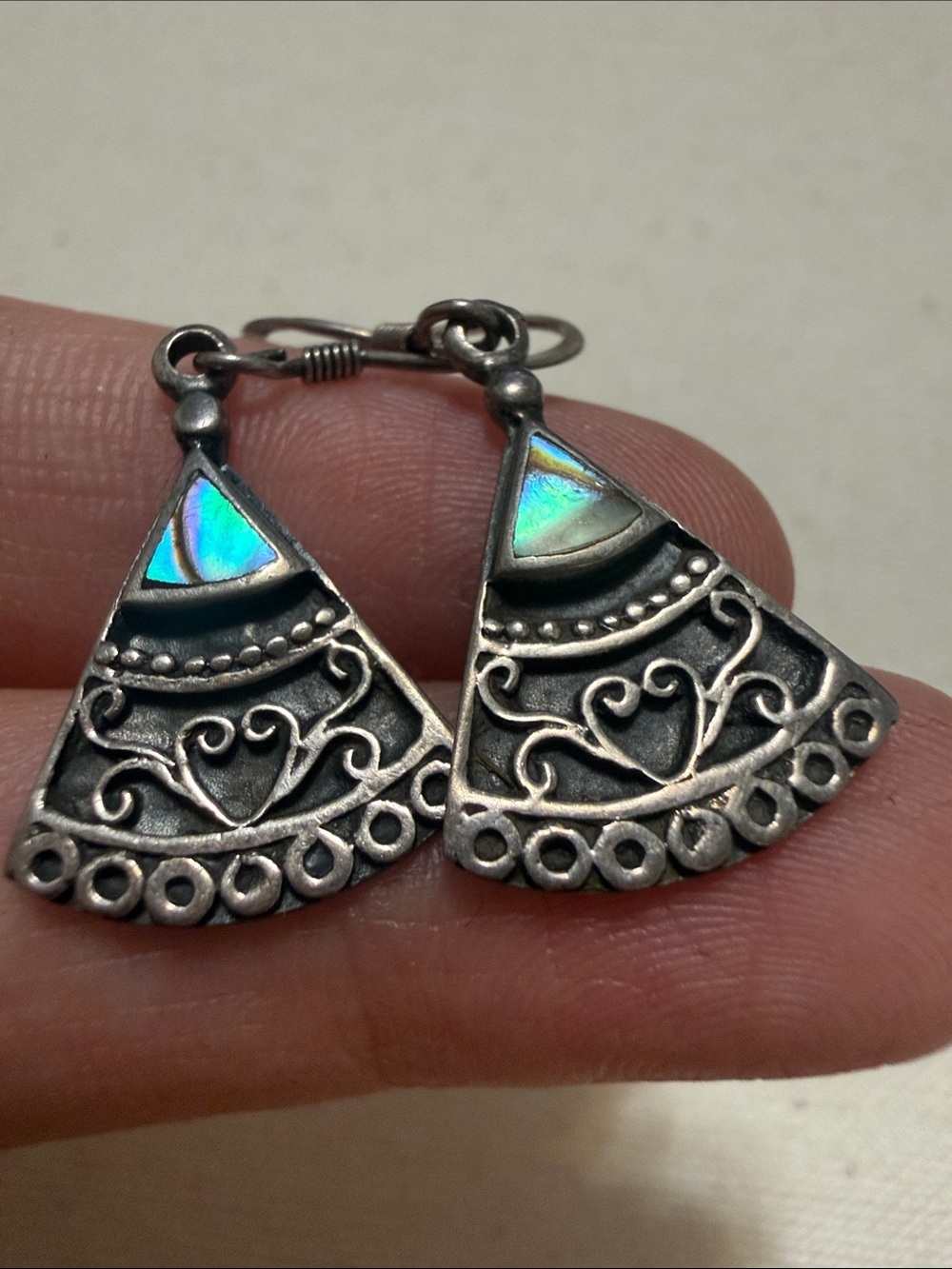 Sterling Silver 925 Abalone Shell inlay Fan-like Drop Earrings Iridescent